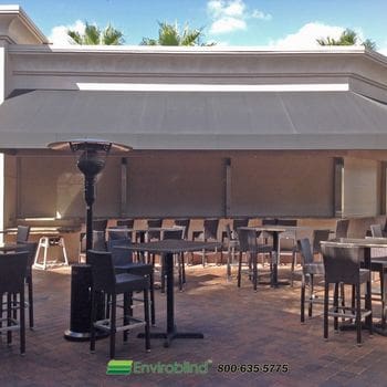 Outdoor patio with tables and chairs