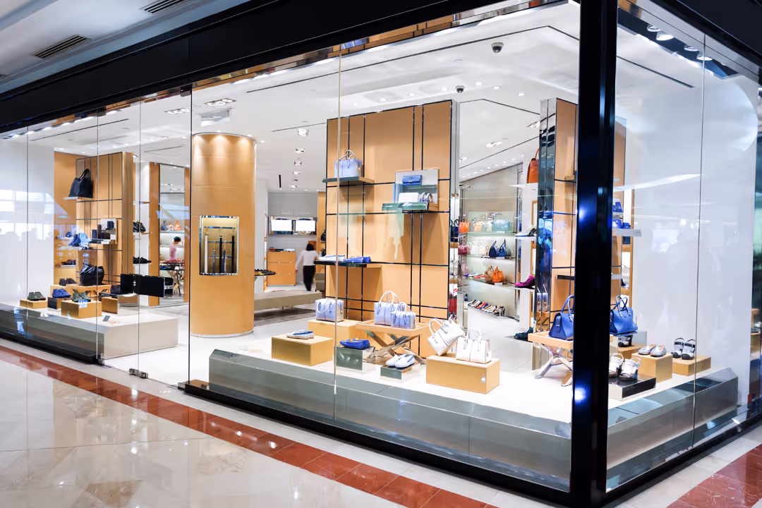 Fashion boutique storefront with handbags
