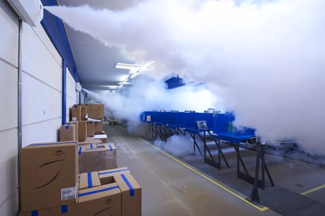 Storage area filled with white smoke