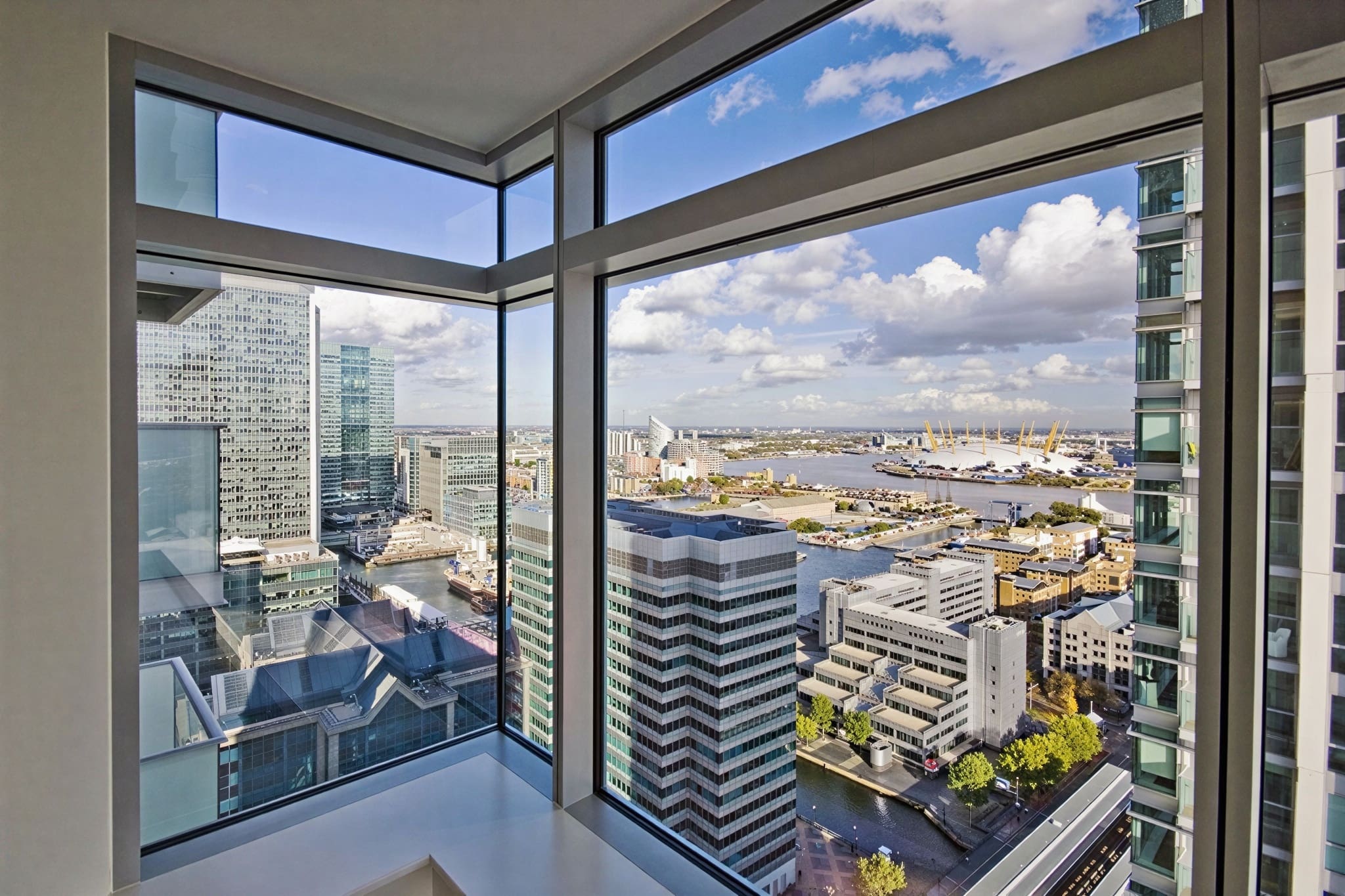 Urban landscape through large glass windows