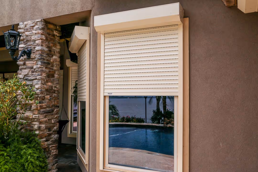 House window overlooking pool area