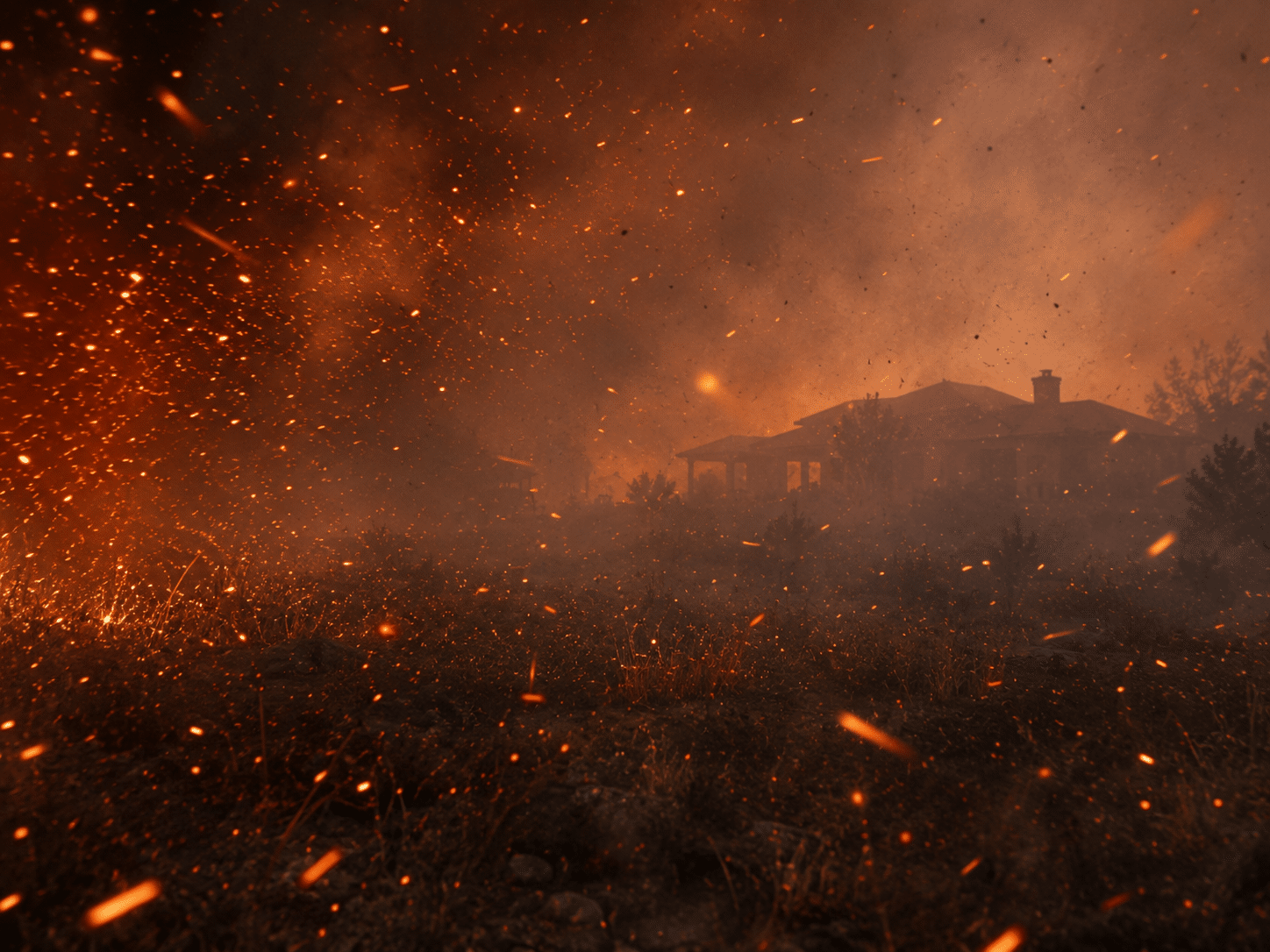 burning flying embers from a wildfire
