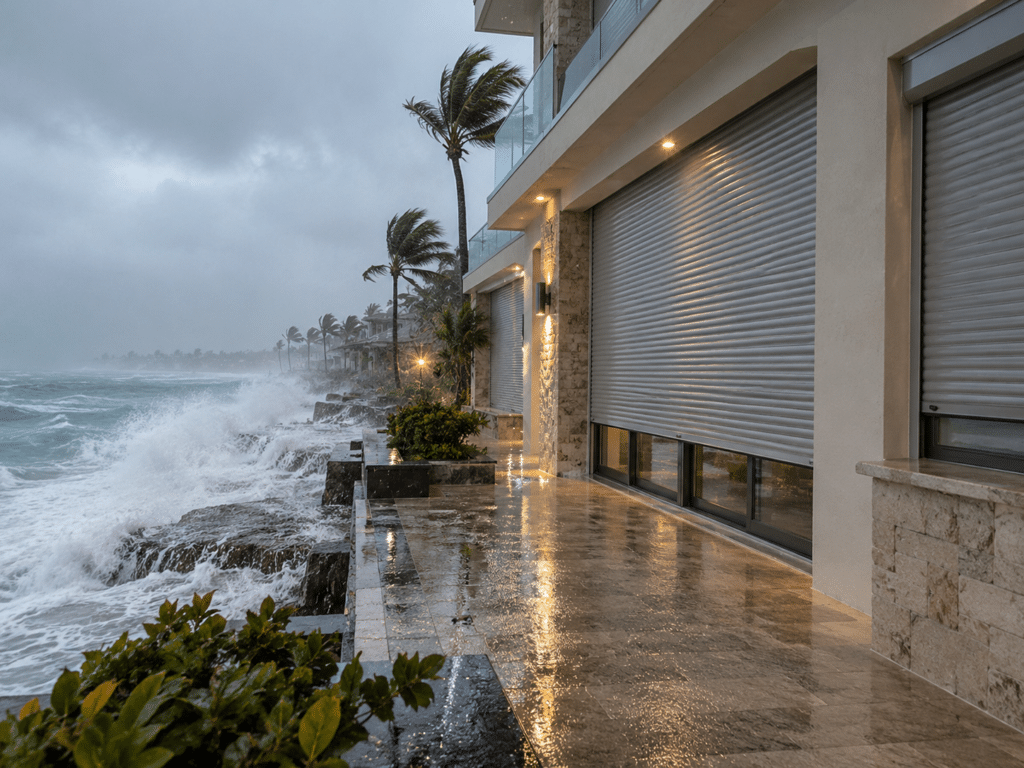 Exterior view of Enviroblind storm shutters protecting a home during a storm