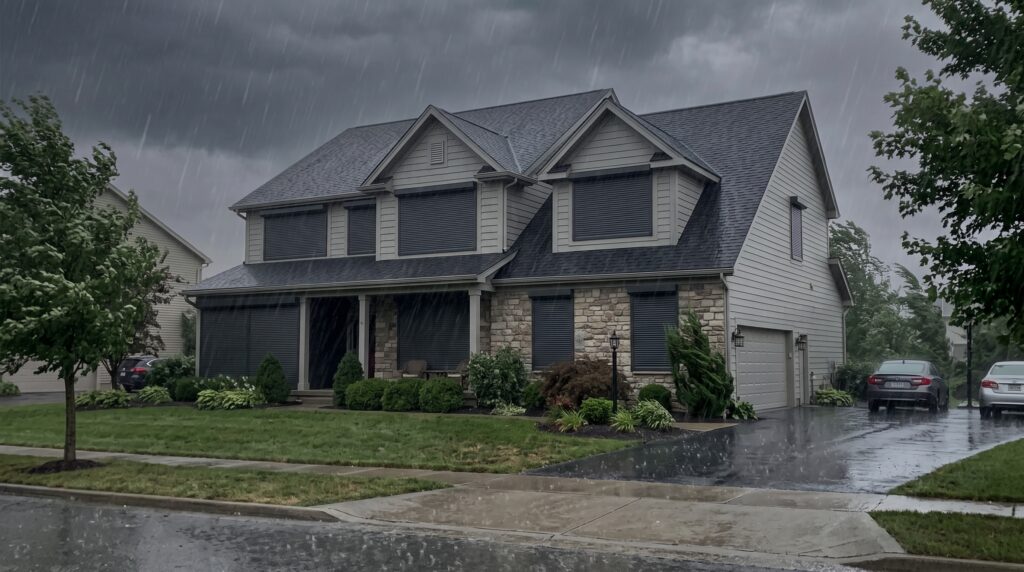 Large suburban home protected by gray Enviroblind storm shutters