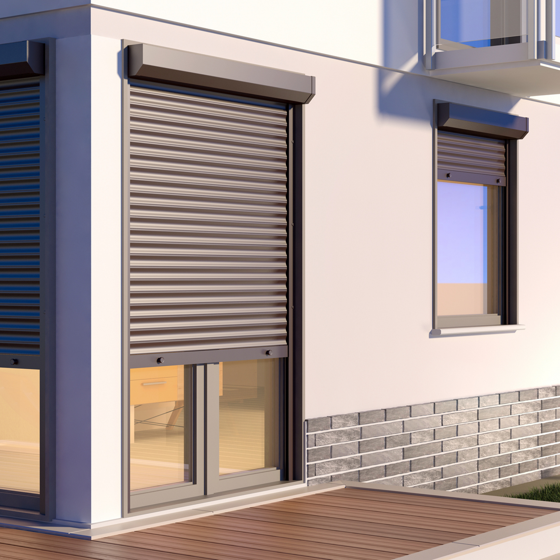Modern house with closed window shutters.