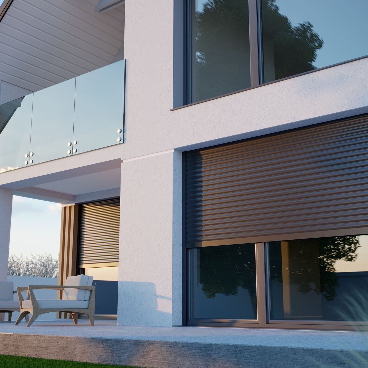 Modern house with large windows and shutters in San Diego.