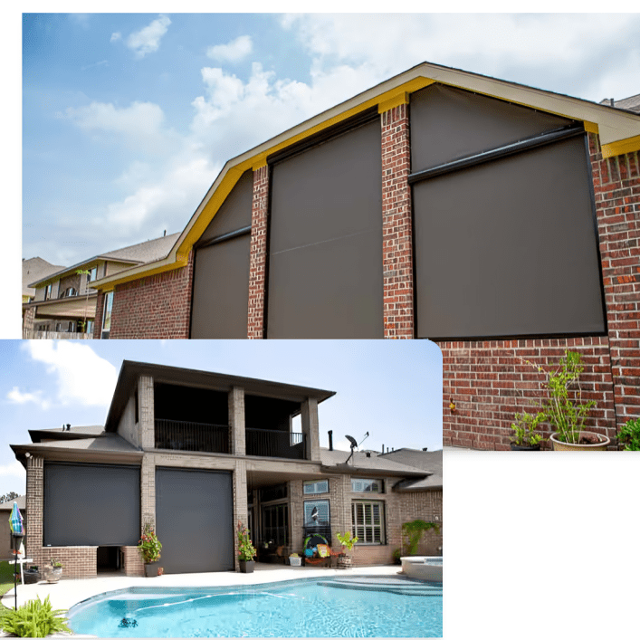 Outdoor sun shades on brick houses