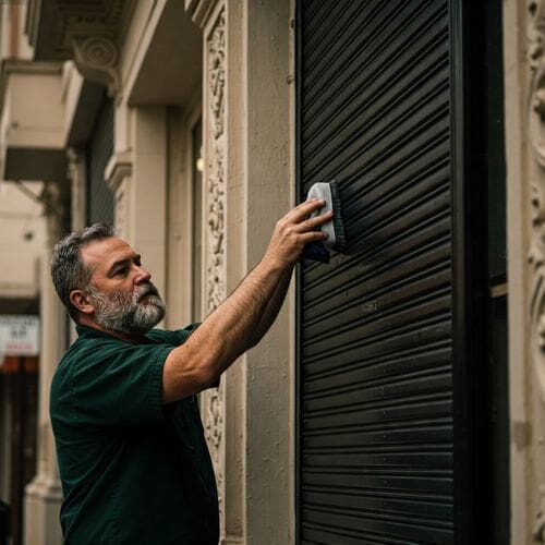 Person wiping down a metal shutter